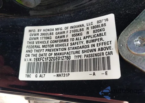 2016 Honda Civic Ex-T из США, поврежденный, VIN 19XFC1F32GE012760